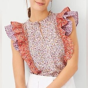 Ann Taylor Blouse Womens XL Purple Orange Floral Ruffle Keyhole Flutter